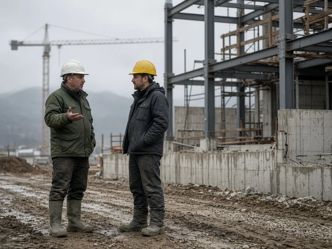 Jefe de obra y operario junto a una estructura de acero en ejecución