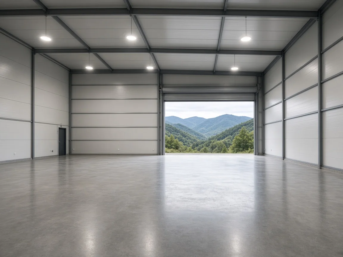 Interior de nave recién terminada, con solera y luz natural, lista para ocupar