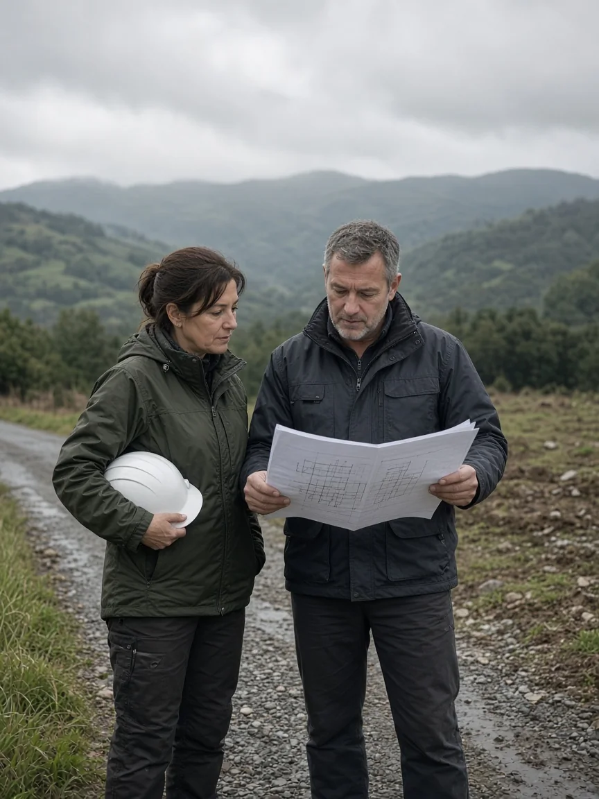 Arquitecto y jefe de obra revisando planos en una parcela industrial, con el paisaje asturiano al fondo