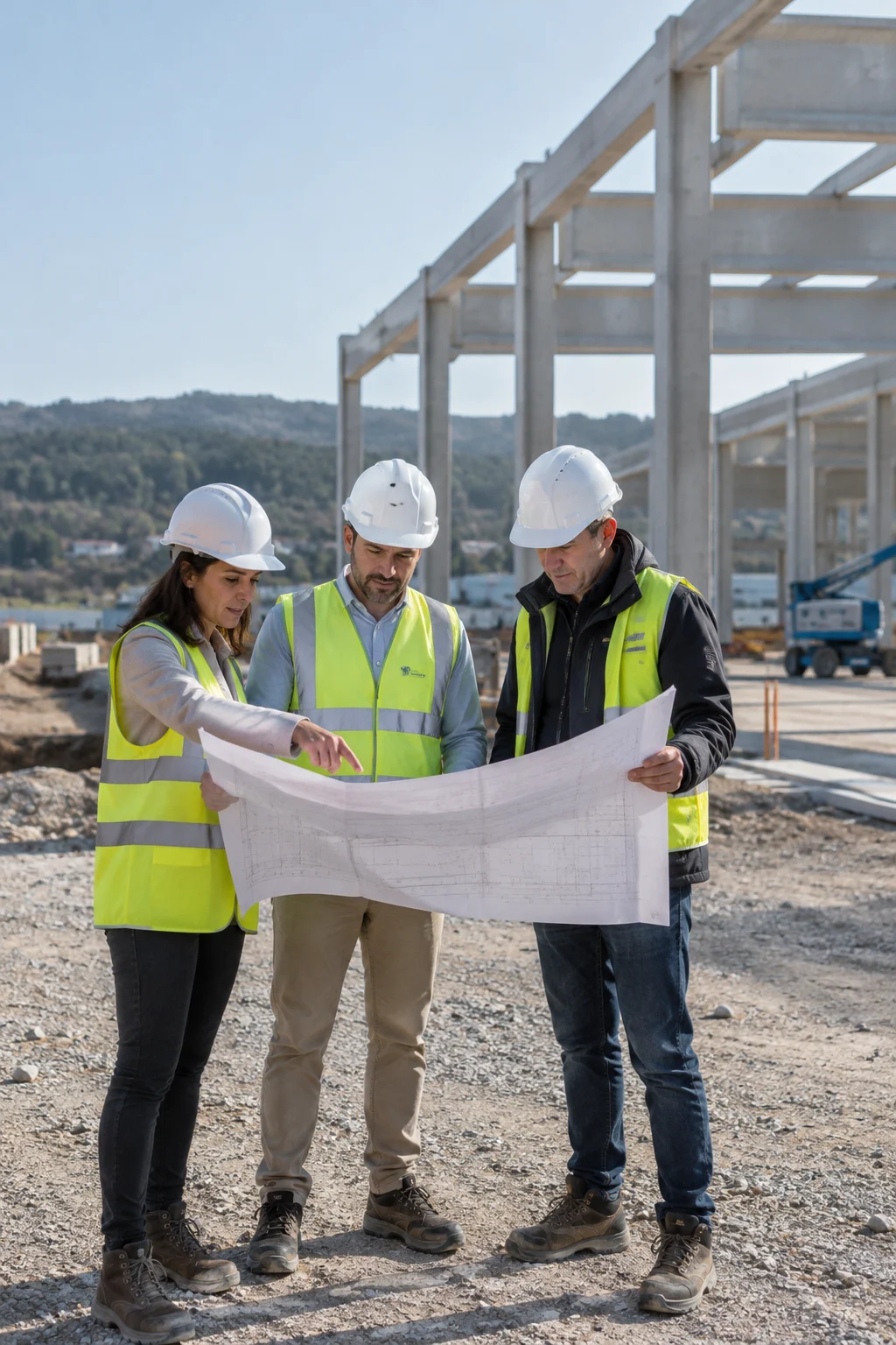 Equipo de arquitectos y jefes de obra revisando unos planos